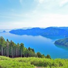 Vista panoramica sul Lago Biwa dalla cima del Monte Shizugatake a Nagahama, prefettura di Shiga.