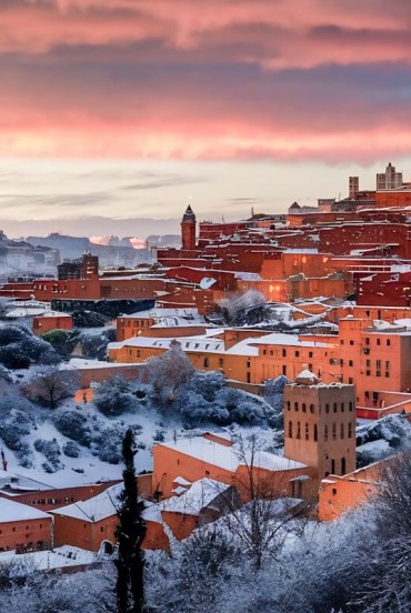 Ifrane in inverno, coperta di neve, incanta con strade ordinate, chalet alpini e paesaggi montani fiabeschi in Medio Atlante.