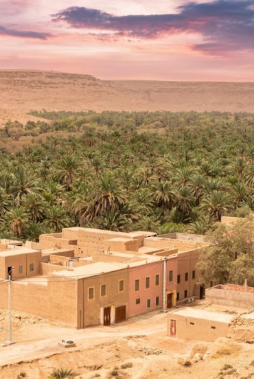La città di Erfoud si apre tra palmeti e edifici ocra, con una vista che abbraccia le dune dorate del Sahara all’orizzonte.