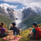 Sosta trekking con pranzo a sacco ai piedi del ghiacciaio dello Shkhara. Tra erba e silenzi, lo sguardo si apre sulle vette del Caucaso mentre il tempo scorre lento.