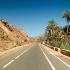 Strada panoramica nel sud del Marocco tra montagne aride, palmeti e oasi, lungo il percorso che collega Zagora, Ouarzazate e Marrakech.