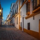 Una delle caratteristiche vie del centro storico di Ronda, con case bianche, balconi in ferro battuto e pavimentazione in pietra che conserva l'atmosfera tradizionale della città.