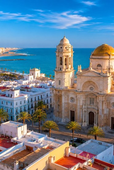 La Cattedrale di Santa Croce sul Mare domina il centro storico di Cadice con la sua cupola dorata, affacciandosi sull'Atlantico tra vicoli bianchi e antiche piazze.