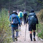 Pellegrini attraversano i boschi di Foncebadón diretti alla Cruz de Ferro, uno dei luoghi più simbolici del Cammino di Santiago, tra natura e spiritualità.