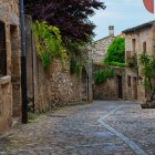 Una strada acciottolata attraversa il centro storico di Trujillo, costeggiata da antiche case in pietra, muri irregolari e portali che conservano l’impianto urbano medievale dell’Estremadura.