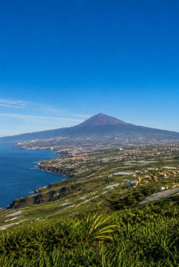 La fertile Valle de La Orotava digrada verso l’Atlantico tra palmeti, coltivazioni e borghi canari, dominata dall’inconfondibile profilo vulcanico del Teide.
