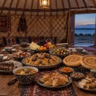 Nella yurta di Aydarkul, la cena celebra i sapori uzbeki con plov, shashlik, shurpa, samsa, pane non, insalate, frutta e dolci orientali, accompagnati dal tè verde.