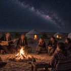 Ad Aydarkul, la serata riunisce i viaggiatori attorno al fuoco, accompagnati dai canti degli akyn, mentre sopra le yurte risplendono le stelle e la Via Lattea.