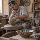 A Gijduvan, un maestro ceramista modella l’argilla al tornio, circondato da vasi e ciotole dipinti a mano: un incontro autentico con l’arte uzbeka lungo la Via della Seta.