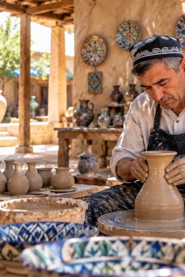 Artigiano al lavoro in un laboratorio di ceramica tradizionale a Ghijduvan in Uzbekistan
